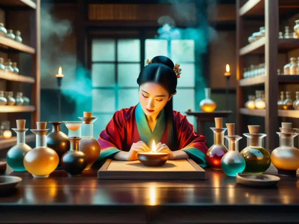 Grupo de mujeres alquimistas en China, reunidas en un laboratorio ancestral lleno de misterio y sabiduría