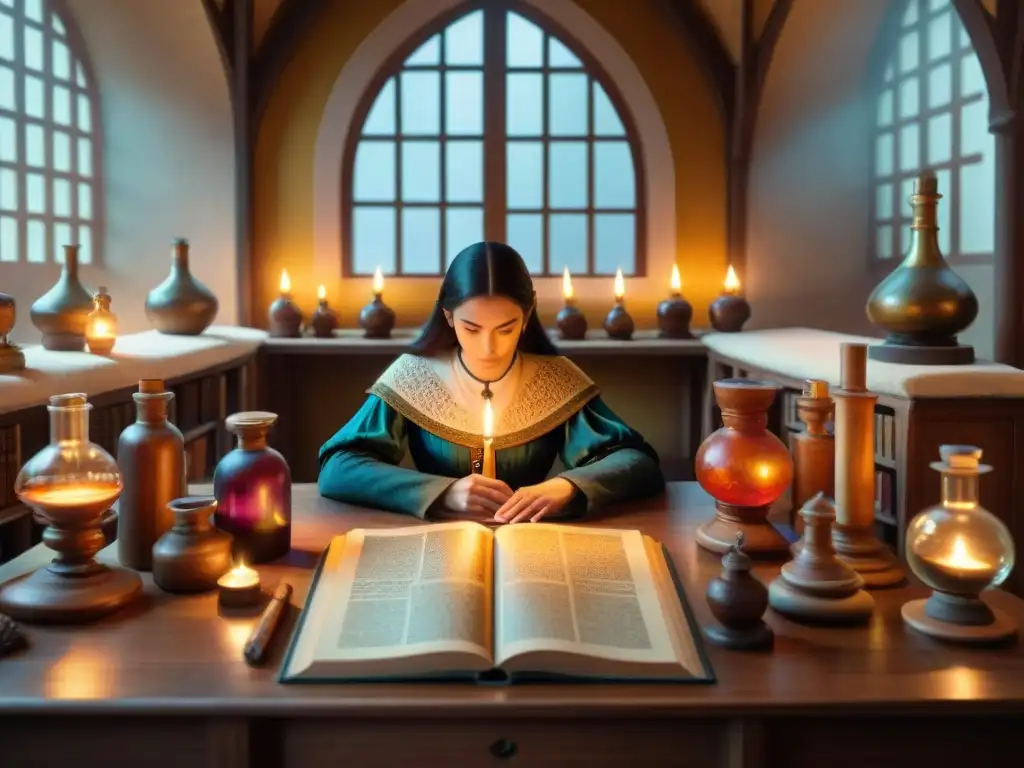 Grupo de mujeres alquimistas en la historia concentradas en su labor en una mesa llena de instrumentos y manuscritos antiguos, iluminadas por la luz suave que entra por la ventana