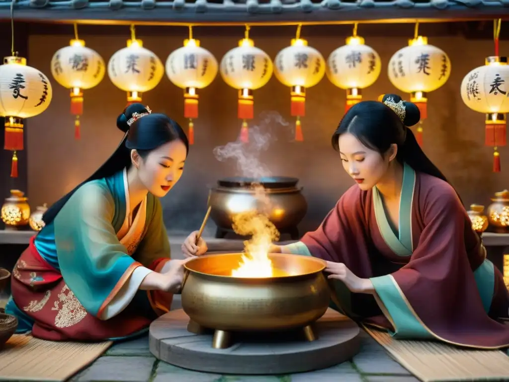 Grupo de mujeres chinas antiguas practicando alquimia en una habitación decorada con ingredientes misteriosos y pergaminos, iluminadas por linternas