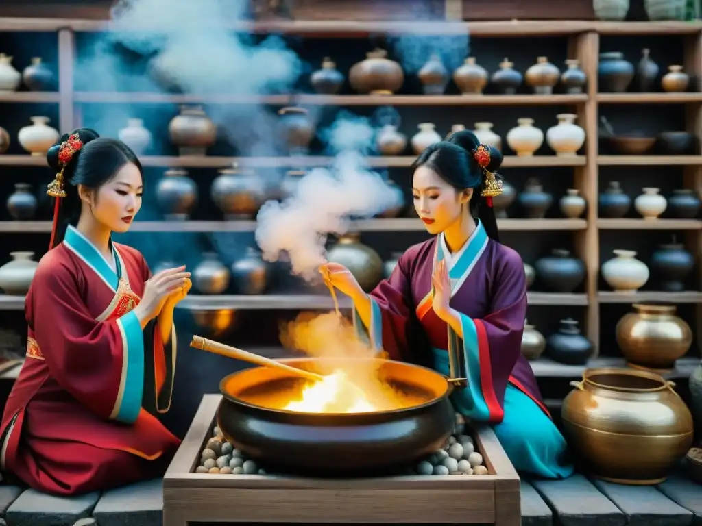 Un grupo de mujeres chinas en atuendos tradicionales realizando alquimia femenina en China