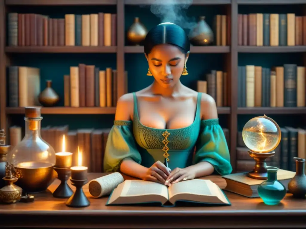 Un grupo de mujeres destacadas en la historia de la alquimia, inmersas en sus talleres rodeadas de antiguos textos y simbolismo místico