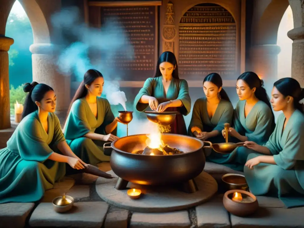 Un grupo de mujeres destacadas en la historia de la alquimia, preparando una poción mágica en un caldero, rodeadas de símbolos místicos