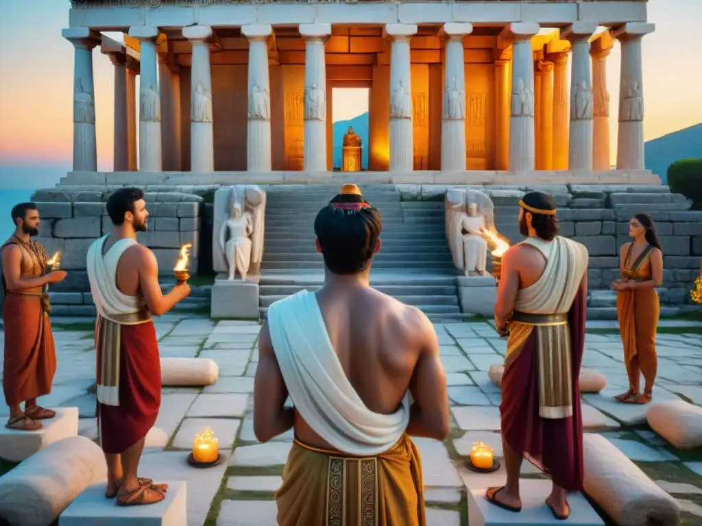 Un grupo de personas en atuendos griegos antiguos realizando rituales esotéricos frente a un templo dedicado a los dioses griegos al anochecer