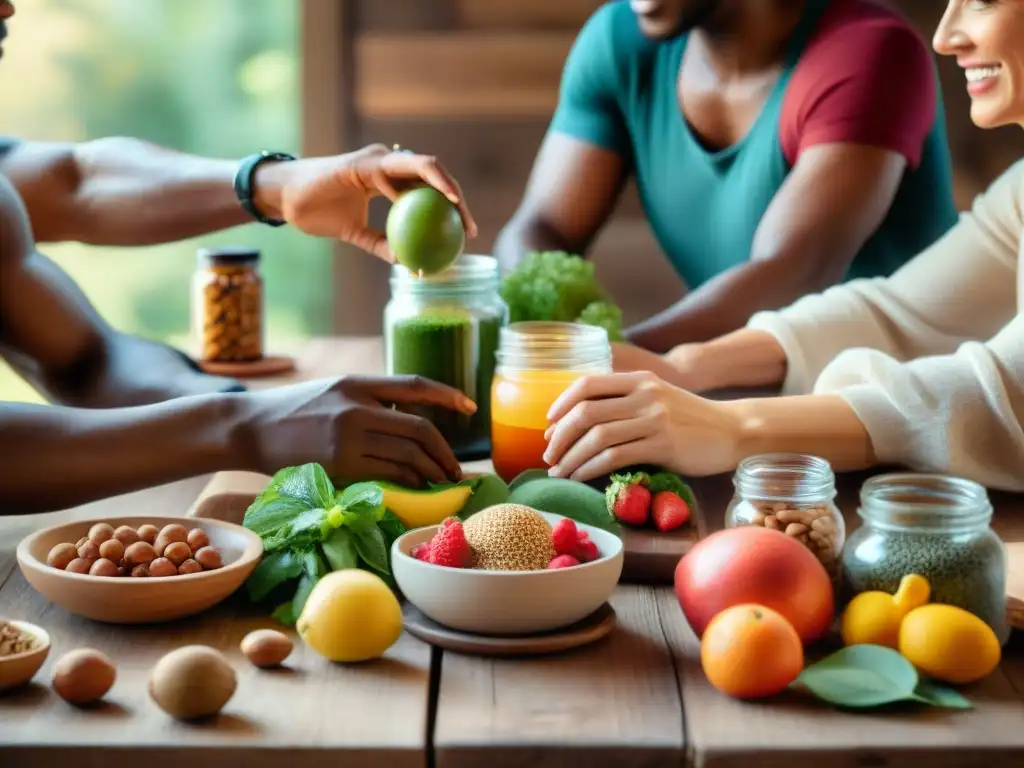 Grupo variado disfruta de una animada charla alrededor de una mesa rústica llena de alimentos coloridos