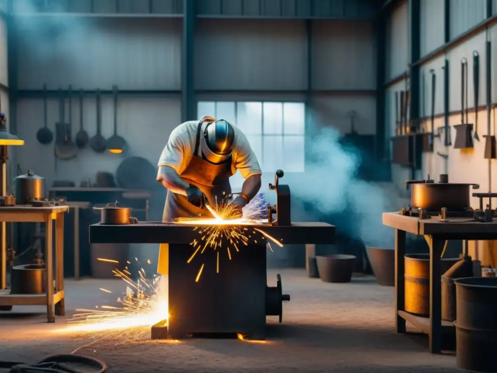 Un hábil herrero crea una estructura metálica en un taller contemporáneo, influencia de la alquimia en la metalurgia moderna