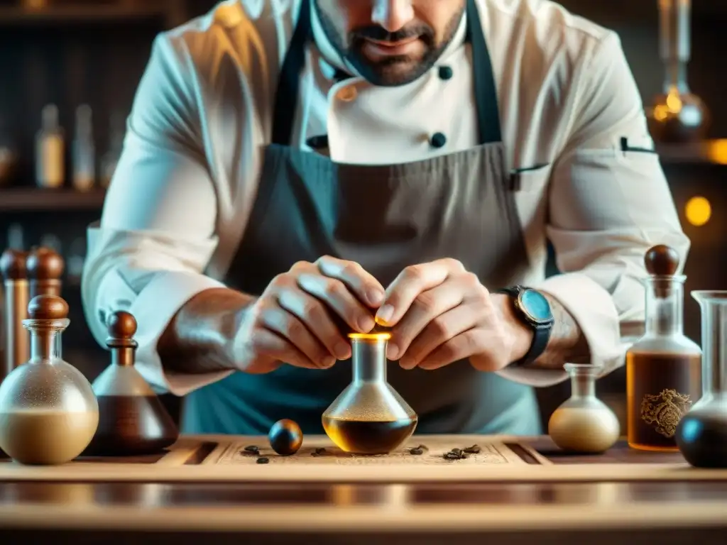 Las hábiles manos del chef crean una poción en un laboratorio vintage, rodeado de símbolos alquímicos