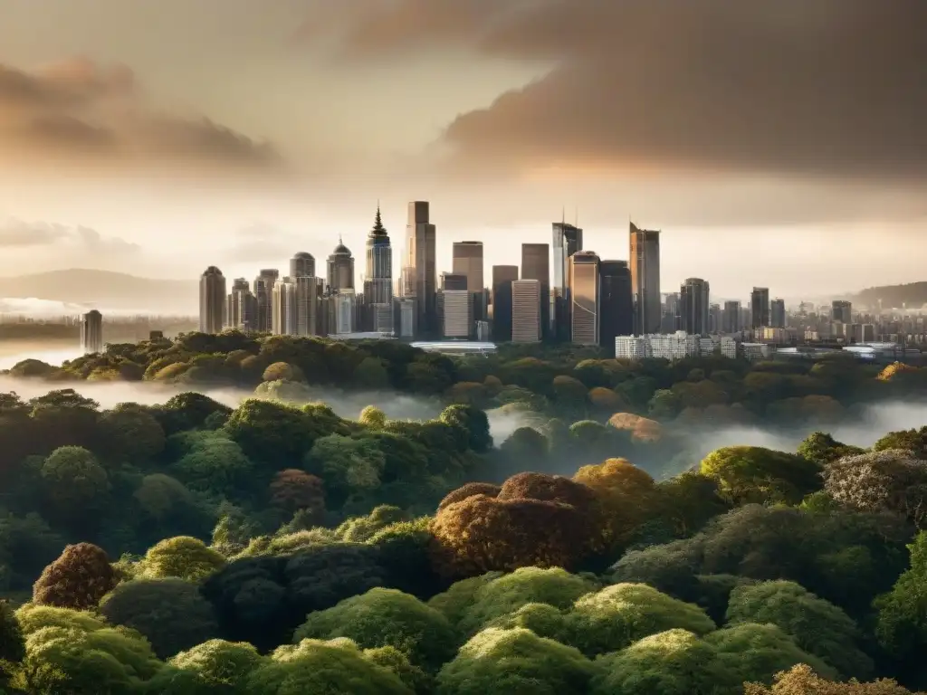 Un horizonte urbano moderno se fusiona con bosques verdes, simbolizando armonía entre ciudad y naturaleza