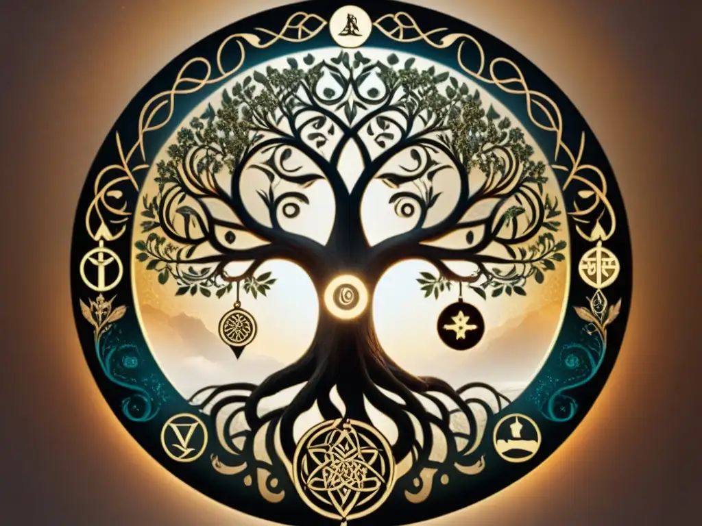Una ilustración detallada en sepia del Árbol de la Vida, entrelazado con símbolos alquímicos y sigilos kabbalísticos