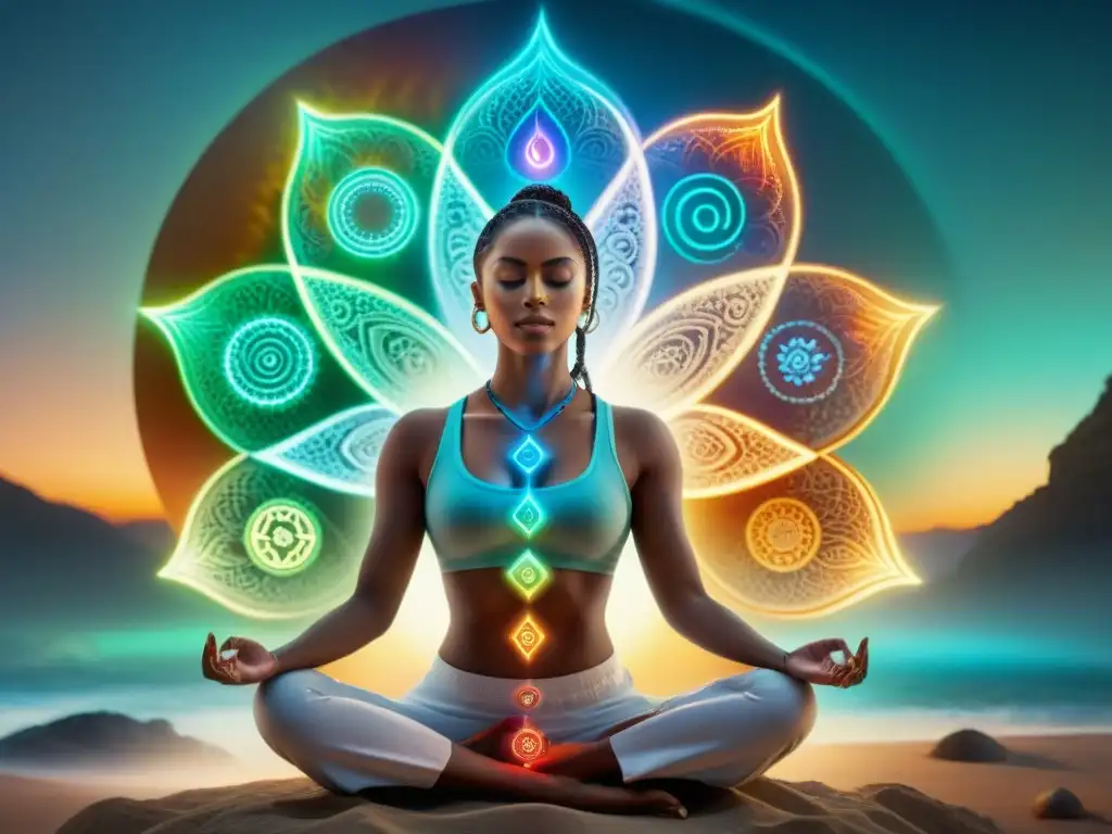 Una ilustración detallada con una figura serena en postura meditativa rodeada de brillantes símbolos de chakras