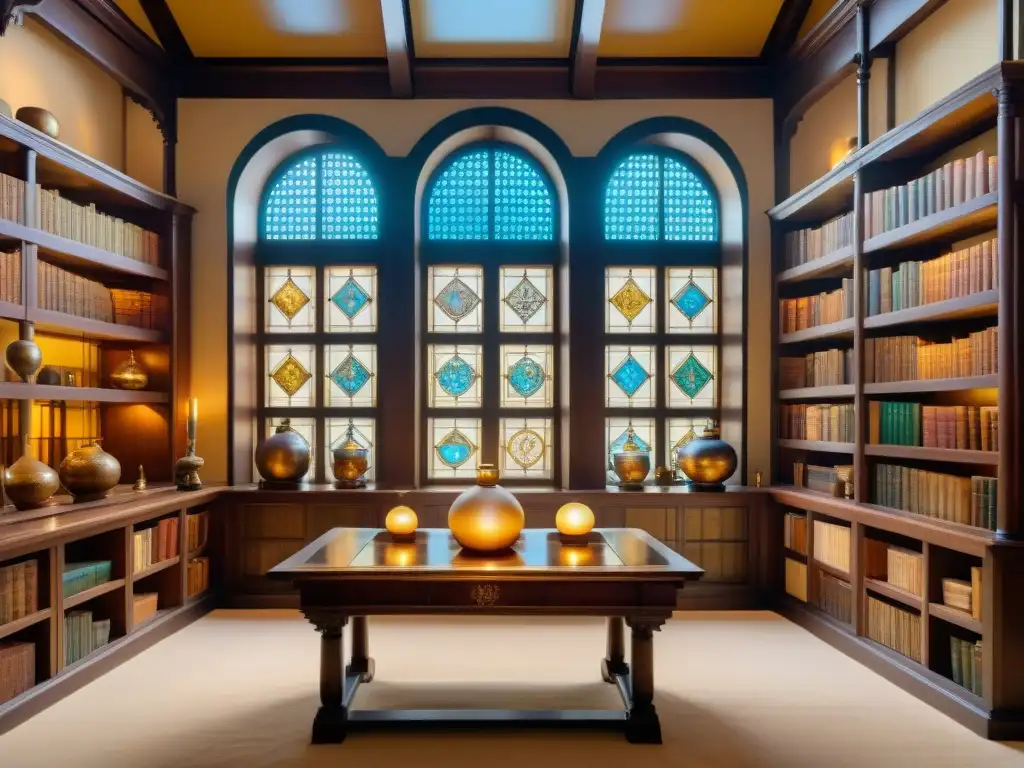 Gran biblioteca alquímica: sabiduría y misterio en la fusión cultural Una ilustración detallada en sepia de una gran biblioteca llena de antiguos manuscritos alquímicos e instrumentos científicos