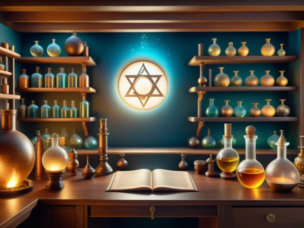 Laboratorio alquímico ancestral: misterio y sabiduría Una ilustración detallada en sepia de un laboratorio de alquimia antigua, bañado en luz cálida, con mapas celestes y símbolos astrológicos