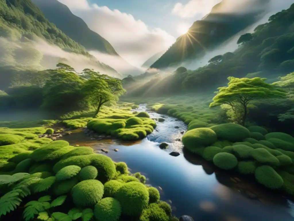 Bosque sereno: luz y sombra en armonía natural Imagen detallada de un bosque sereno con luz solar filtrándose entre el dosel verde, reflejando paz y alquimia con la naturaleza