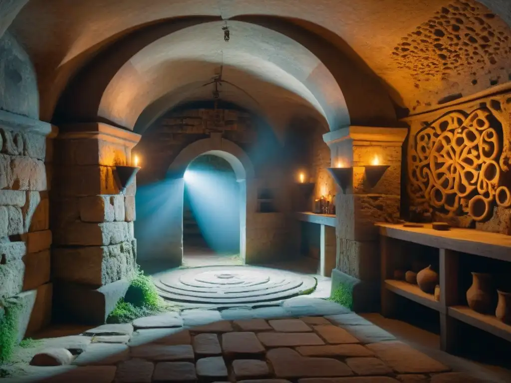 Imagen detallada de una cripta subterránea en un castillo medieval alemán, revelando secretos alquímicos
