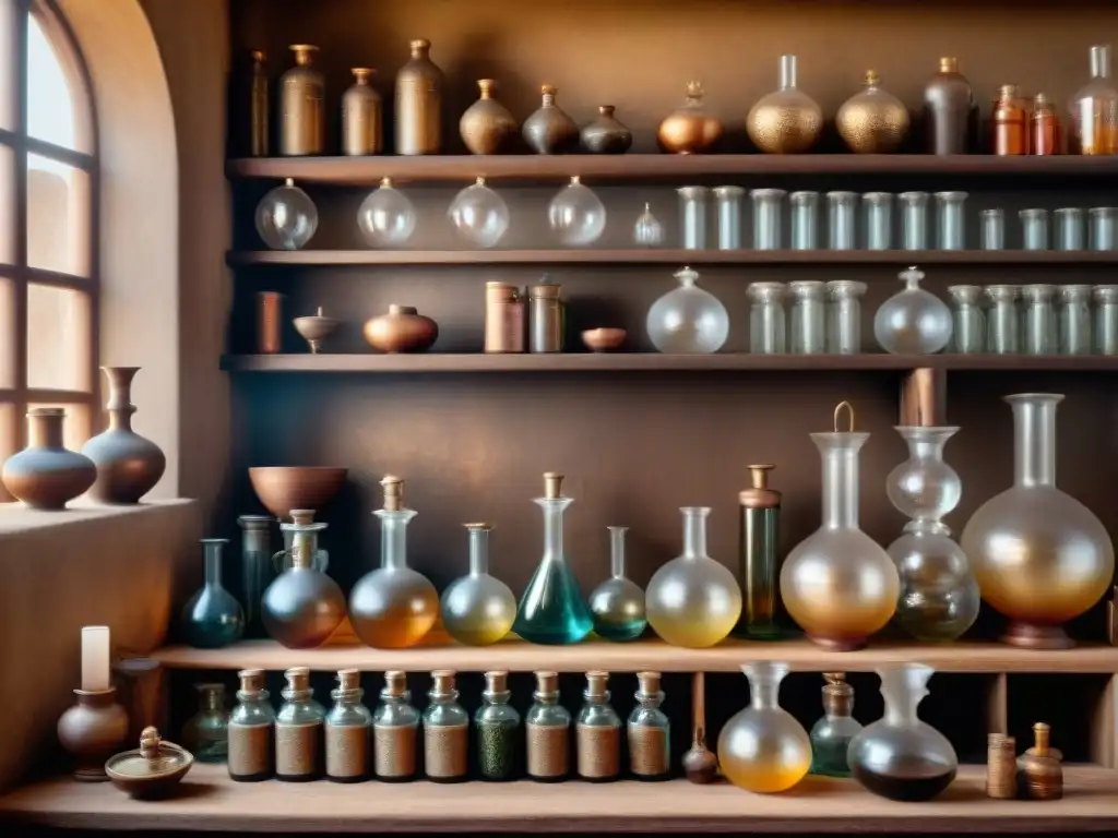 Antiguo laboratorio alquímico: misterios y símbolos en sepia Imagen detallada de un laboratorio alquímico antiguo con vidrio y líquidos burbujeantes, y símbolos misteriosos en las paredes