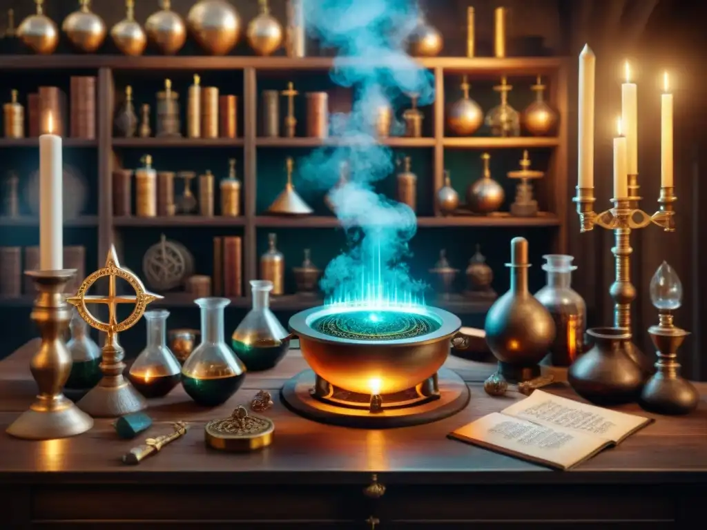 Laberinto alquímico: misterios y magia en 8k Una imagen detallada en sepia de un laboratorio de alquimista antiguo, con pentagramas, pociones burbujeantes y cristales