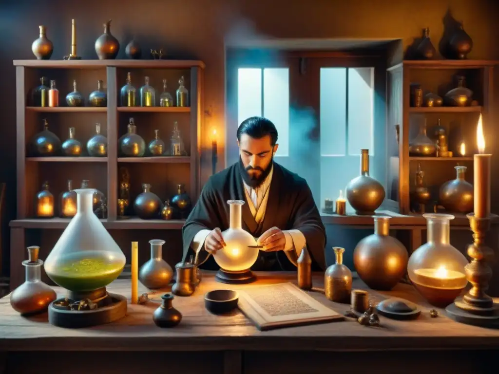 Imagen sepia de laboratorio alquímico antiguo con figuras misteriosas y velas, evocando los Orígenes y evolución de la alquimia