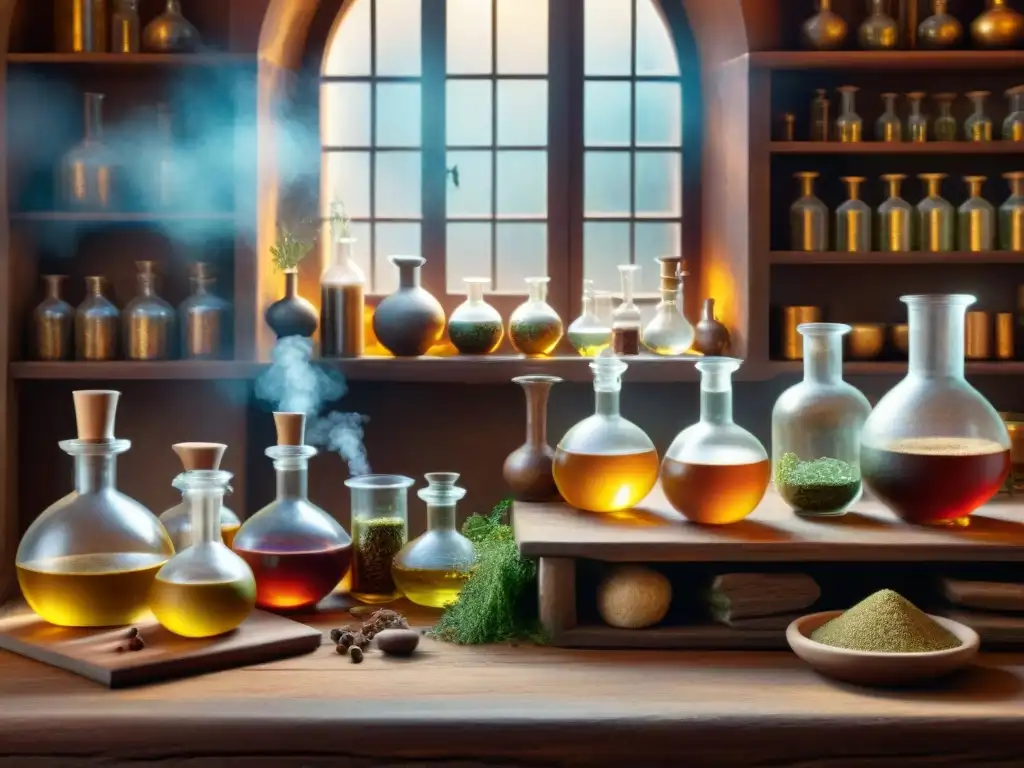 Imagen de laboratorio de alquimista antiguo con símbolos misteriosos y hierbas exóticas, bañado en luz dorada