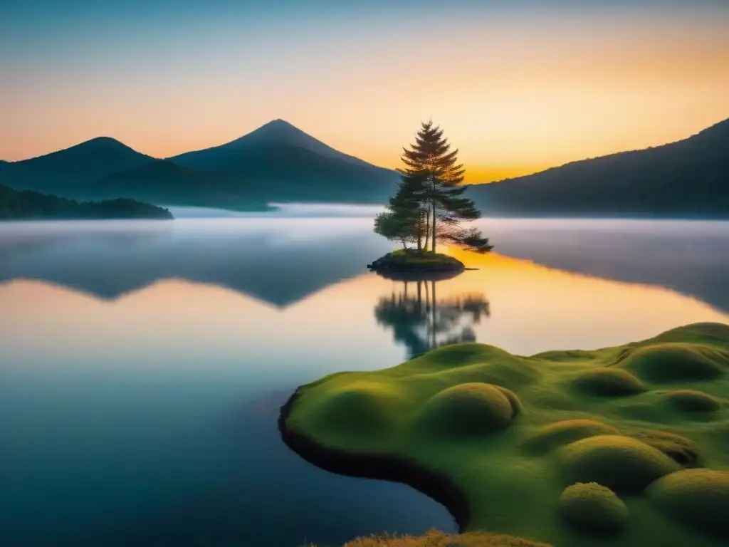 Imagen sepia de un lago tranquilo al amanecer, con un árbol solitario reflejado en el agua, simbolizando el Yin y Yang en armonía