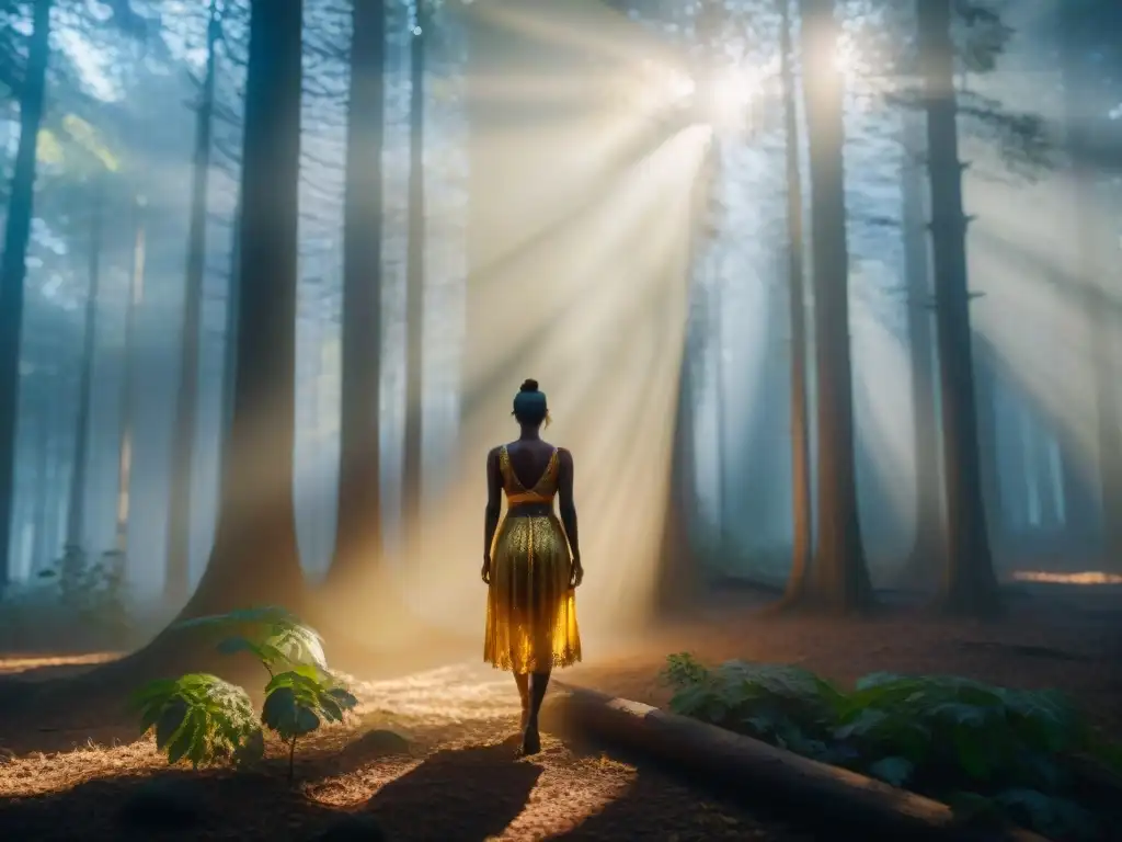 La imagen muestra a una persona en un bosque sombrío, con rayos de sol dorado iluminando la densa vegetación