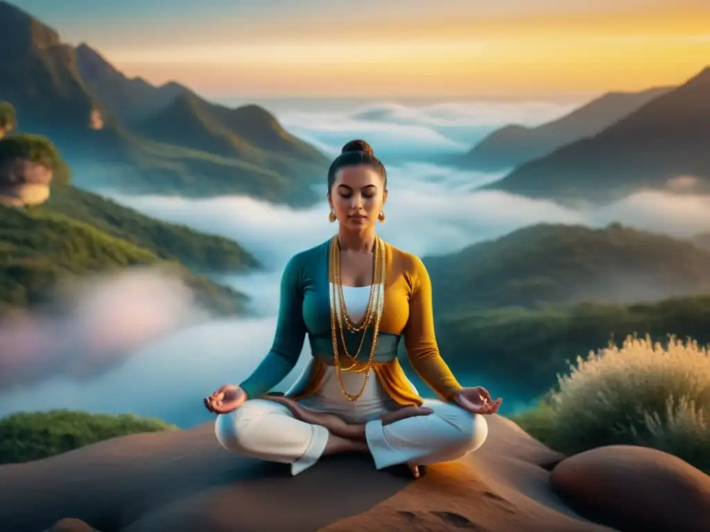 Imagen de practicante de yoga en pose meditativa, rodeado de símbolos alquímicos dorados y colores de chakras, en un paisaje místico al atardecer