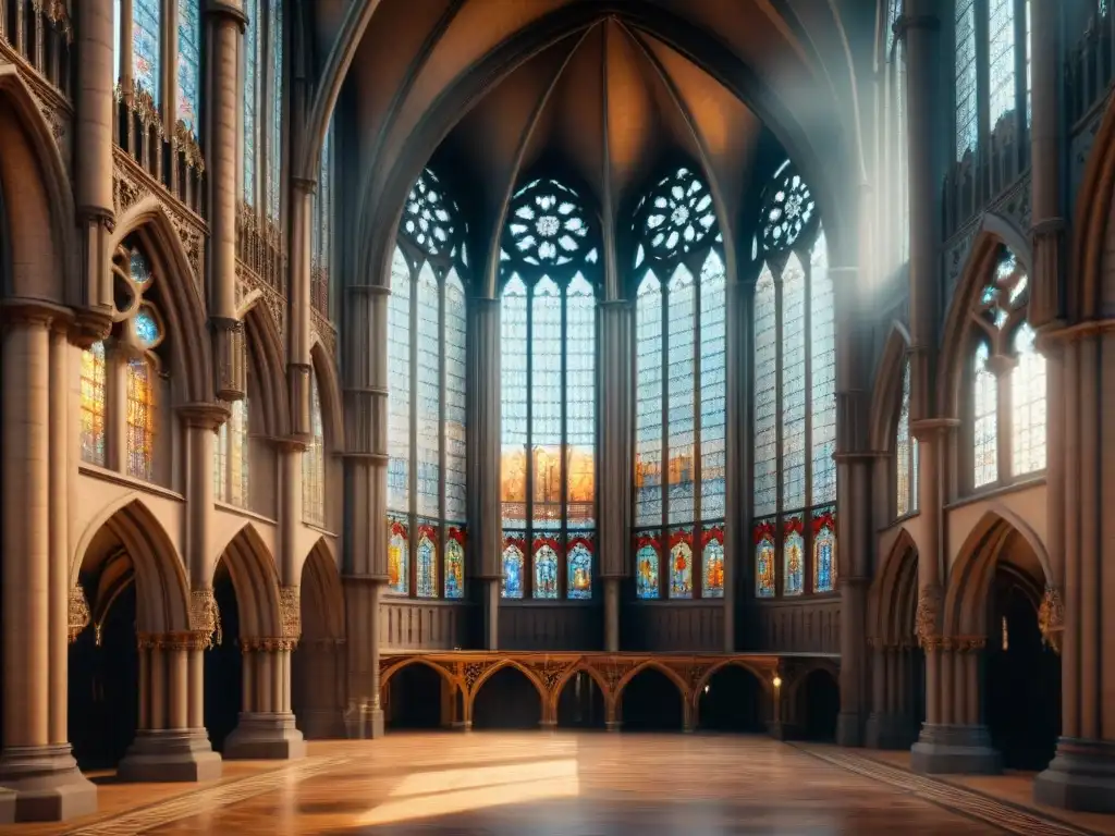 Una imagen sepia detallada de una imponente catedral gótica con sutiles símbolos alquímicos integrados