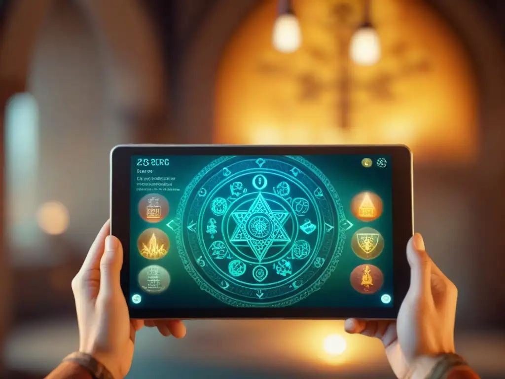 Una imagen sepia detallada de una tablet con una app de alquimia práctica espiritual, fusionando lo antiguo y lo moderno