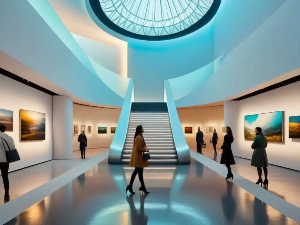 Una impactante galería de arte moderno con arquitectura futurista, esculturas vanguardistas y pinturas abstractas iluminadas por luz natural