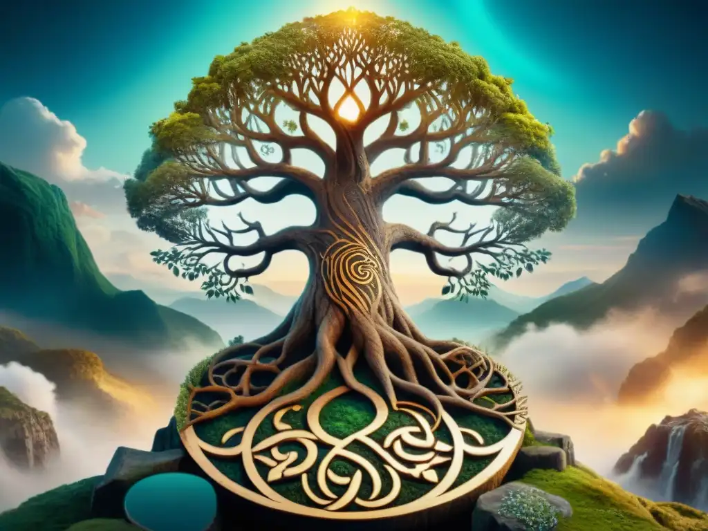 Imponente ilustración sepia de Yggdrasil, el Árbol del Mundo, con criaturas míticas y símbolos alquímicos en su vasta extensión