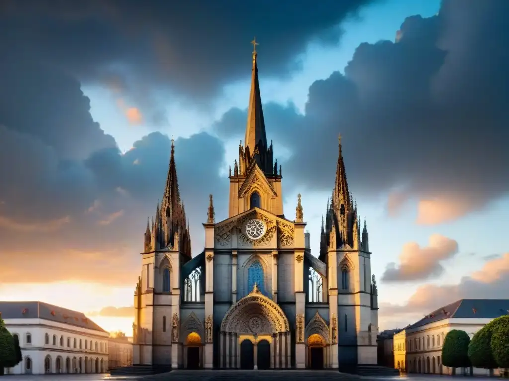 Imponente catedral con símbolos alquímicos tallados en su fachada, torres hacia un cielo tormentoso