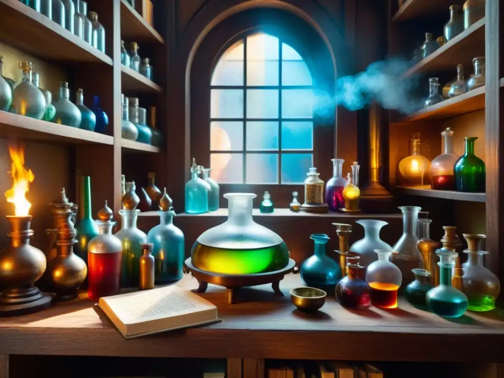 Importancia de instrumentos alquímicos en la ciencia: laboratorio del alquimista con frascos, libros y caldero burbujeante