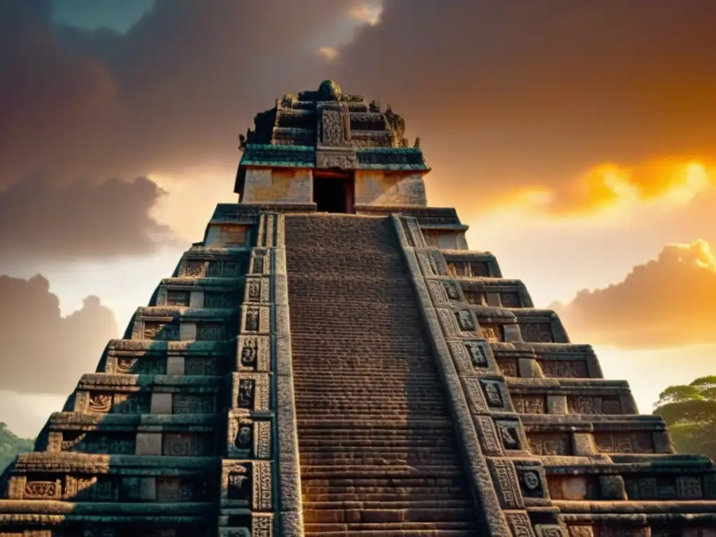 Influencia alquímica en cultura maya: Templo maya con símbolos alquímicos al atardecer