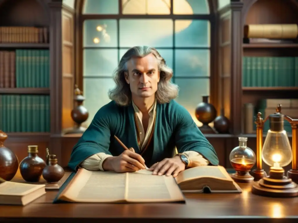 Isaac Newton inmerso en la alquimia y la ciencia, rodeado de manuscritos antiguos y utensilios científicos en su estudio histórico