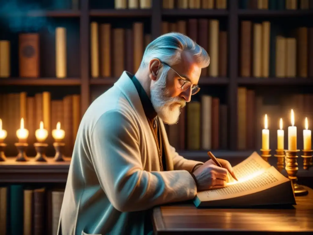 Thomas Vaughan inmerso en la alquimia espiritual, buscando la verdad en un ambiente místico iluminado por velas