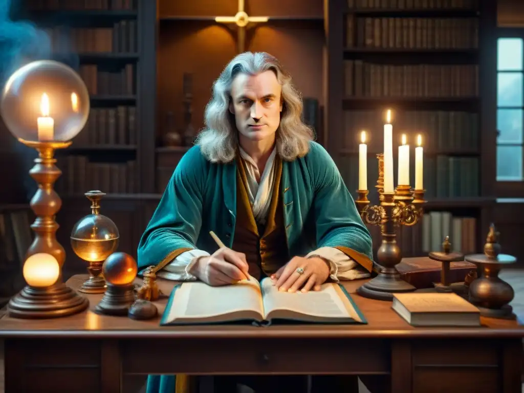 Isaac Newton inmerso en la alquimia, iluminado por una misteriosa esfera en su estudio lleno de instrumentos antiguos y libros