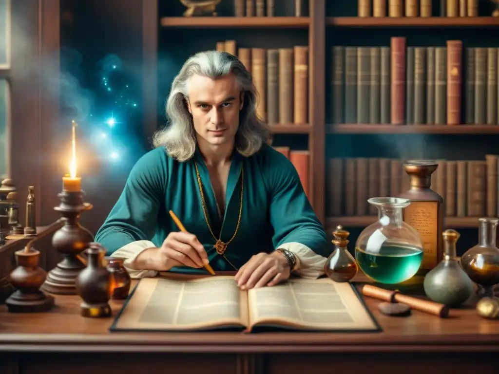 Isaac Newton inmerso en la alquimia, rodeado de herramientas y manuscritos en su estudio, con una expresión de intensa concentración