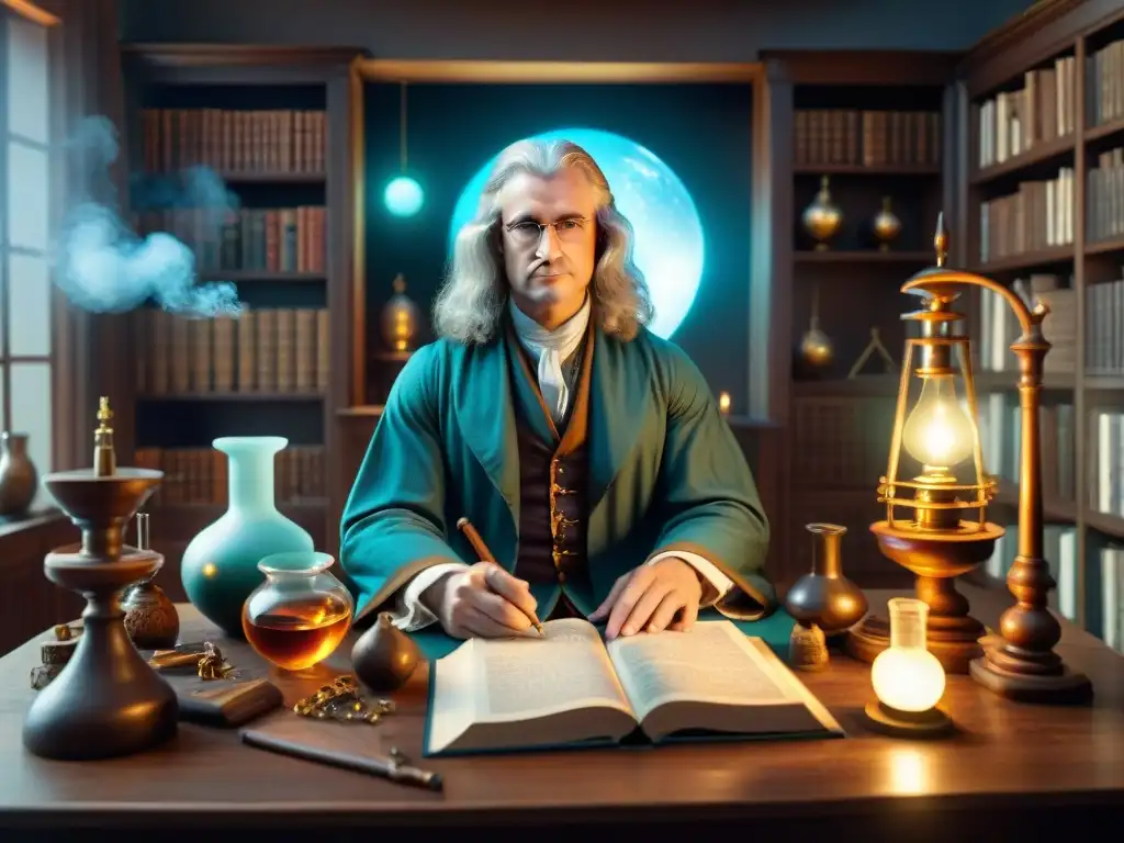 Isaac Newton inmerso en la alquimia, rodeado de herramientas y símbolos, con una misteriosa luz emanando de su poción burbujeante