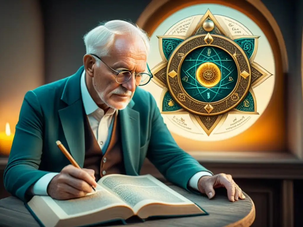 Carl Jung inmerso en el estudio de antiguos textos alquímicos, rodeado de símbolos y diagramas esotéricos, con una tenue luz iluminando su expresión concentrada, en una obra magna de la alquimia