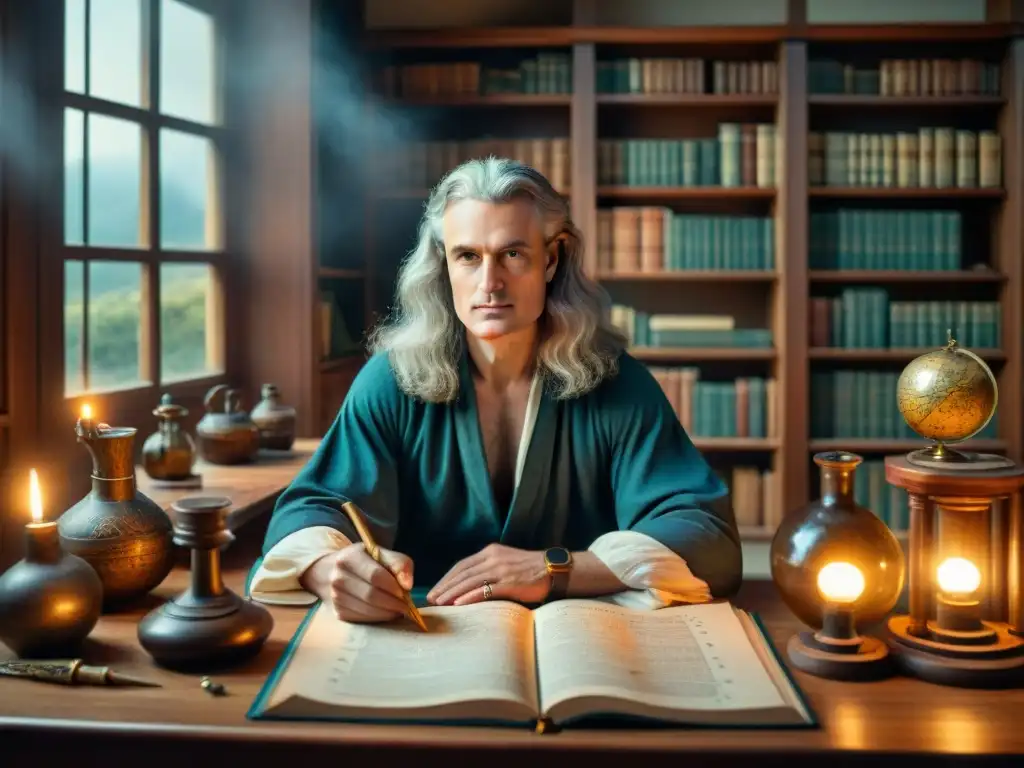En la ilustración, Isaac Newton se encuentra inmerso en su estudio rodeado de herramientas alquímicas, con una mirada intensa y profunda concentración