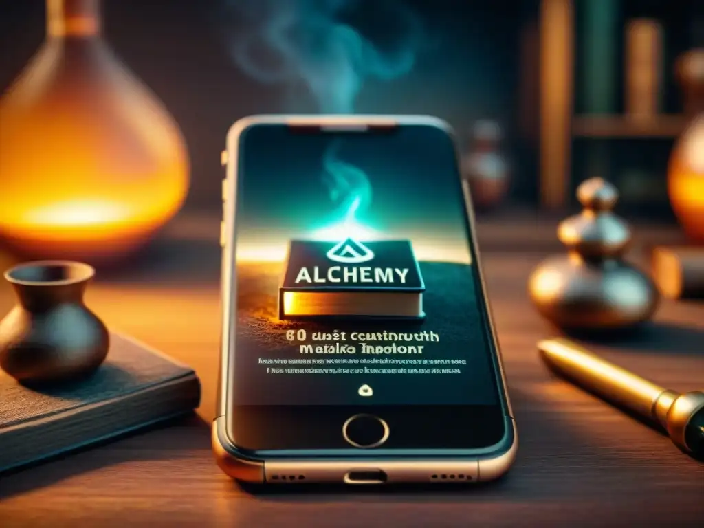 Interfaz de app alquímica en smartphone, mezcla de tradición y tecnología en taller antiguo