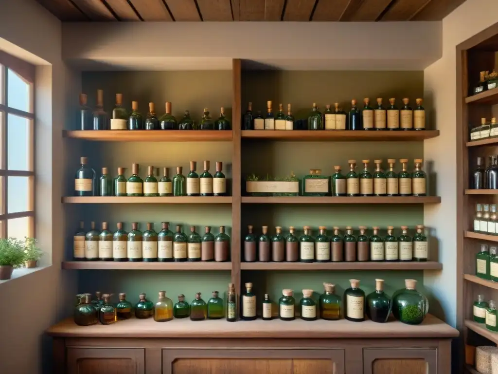 Misteriosa botica vintage: botellas de elixires y hierbas en sepia Interior detallado de una antigua botica con estantes repletos de botellas de vidrio con compuestos botánicos alquímicos envejecidos