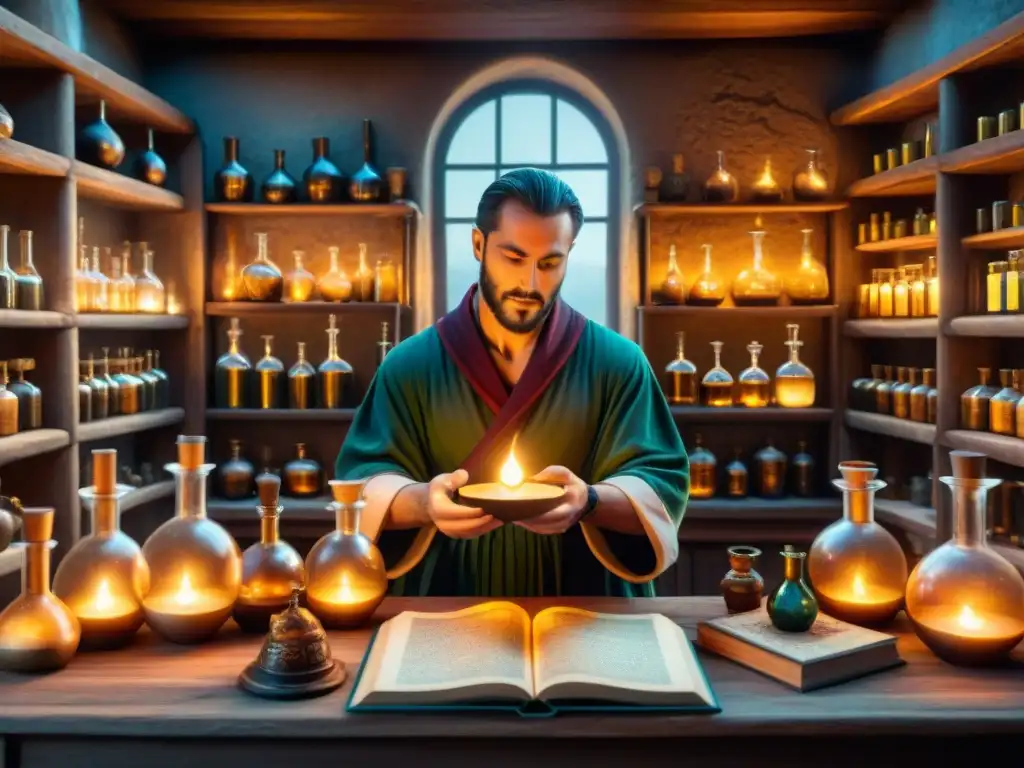 En el interior de un laboratorio de alquimia antiguo, iluminado por velas, el alquimista vierte líquidos brillantes