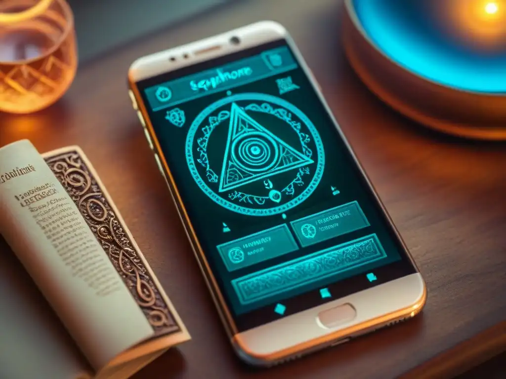 Un intrigante diseño sepia de una app de alquimia futurista en un smartphone