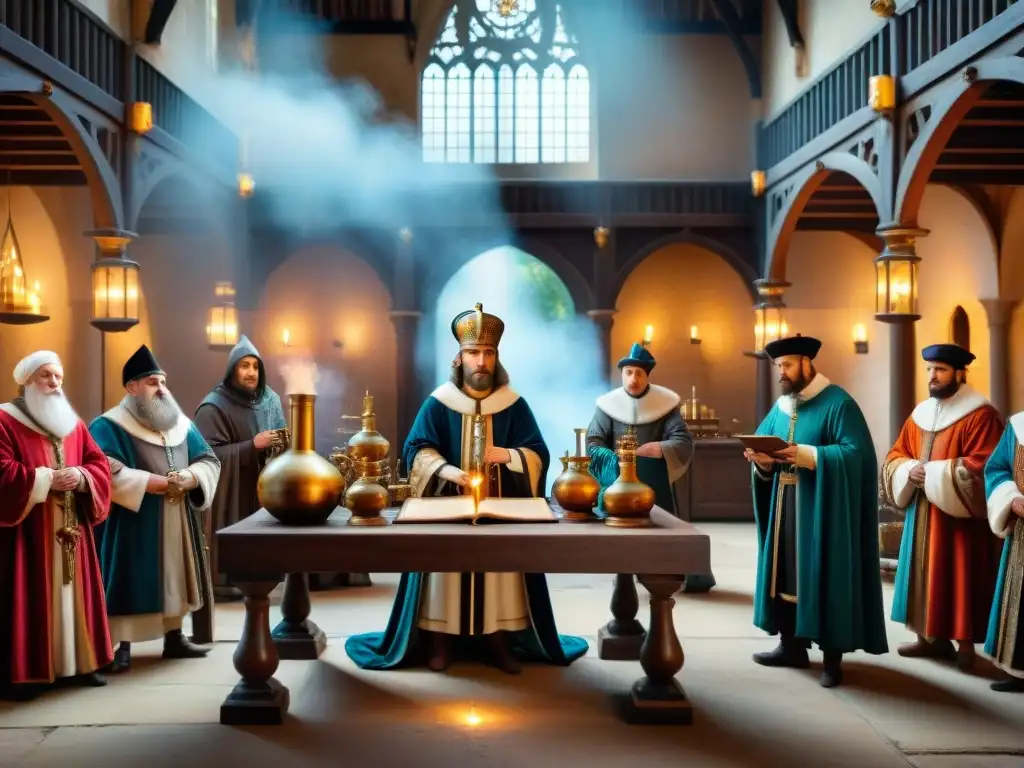 Escena medieval de corte real: alquimistas y misterios Intrincada escena de corte real medieval con influencia alquímica en realeza medieval