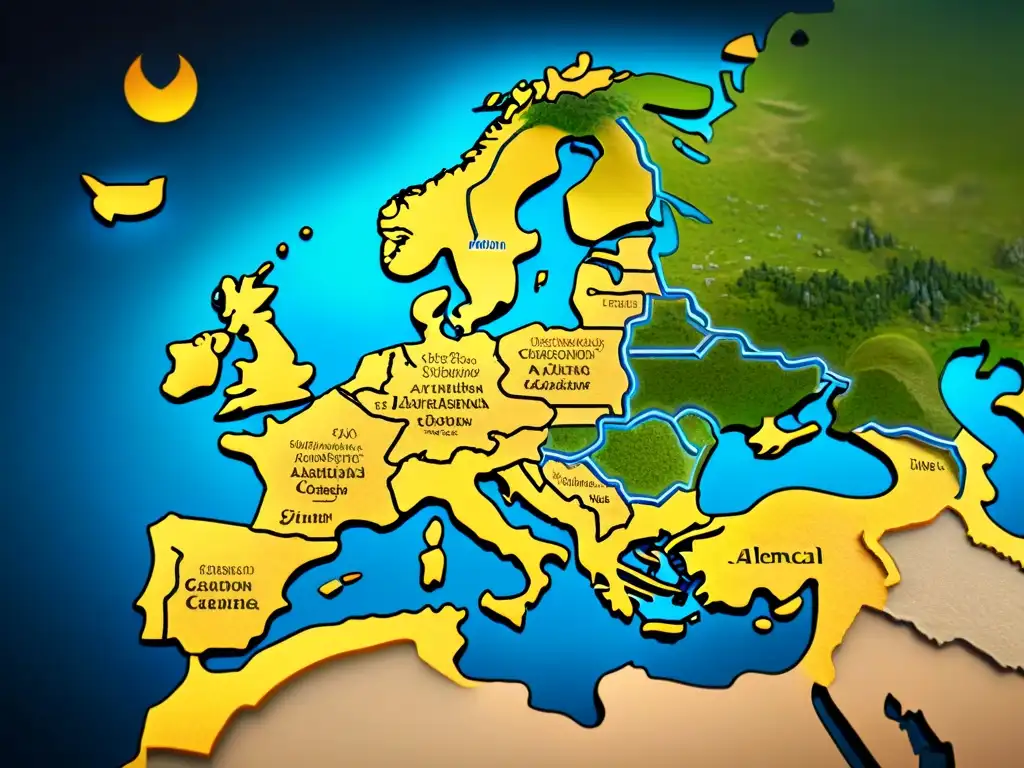 Mapa alquímico europeo: red de sabiduría ancestral Intrincada red alquímica conectando ciudades europeas donde alquimistas intercambiaban conocimiento