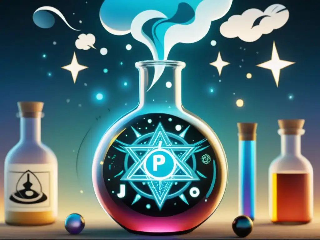 Ilustración alquímica y cómica: poción mística y superhéroes Una ilustración sepia intrincada fusionando símbolos alquímicos con elementos de cómics y manga