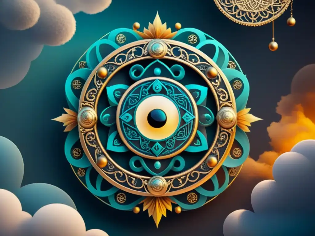 Alquimia cultural: símbolos orientales y occidentales en armonía Una ilustración sepia intrincada que fusiona símbolos alquímicos orientales y occidentales, con motivos celestiales y antiguos pergaminos de fondo