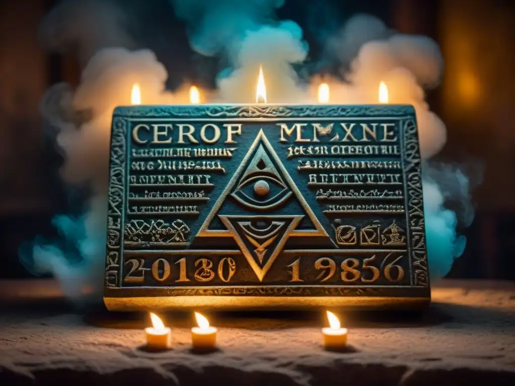 Intrincadas símbolos alquímicos tallados en piedra, iluminados por velas en un ambiente místico