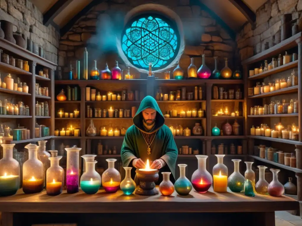 Alquimia ancestral: laboratorio misterioso y mágico Intrincado laboratorio de alquimia antigua con figuras misteriosas y símbolos en las paredes de piedra, creando una atmósfera cautivadora