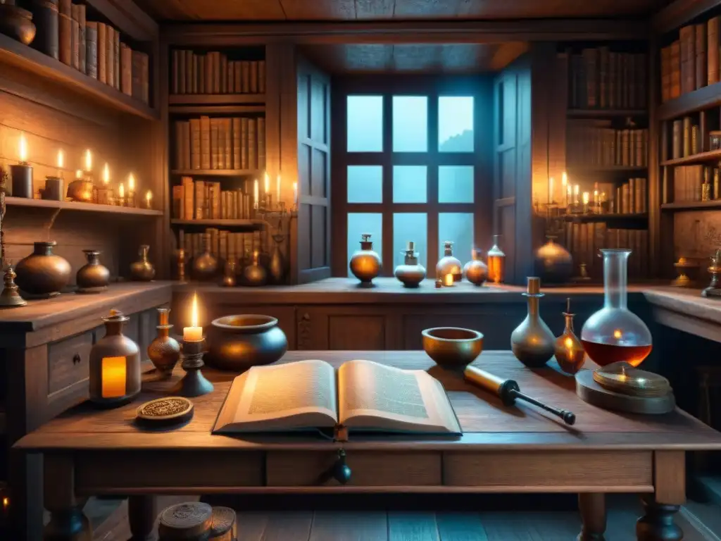 Intrincado taller de alquimista en sepia, lleno de textos antiguos, símbolos místicos y pociones burbujeantes