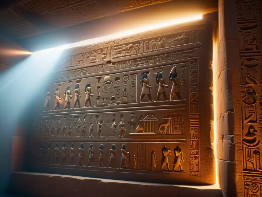 Intrincados jeroglíficos en una pared iluminada por un rayo de sol en un templo egipcio antiguo, evocando el legado alquímico del antiguo Egipto
